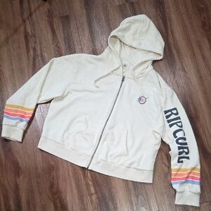 Rip Curl Cream Zip-Up Hoodie with Multicolor Stripe Cuffs Size Large